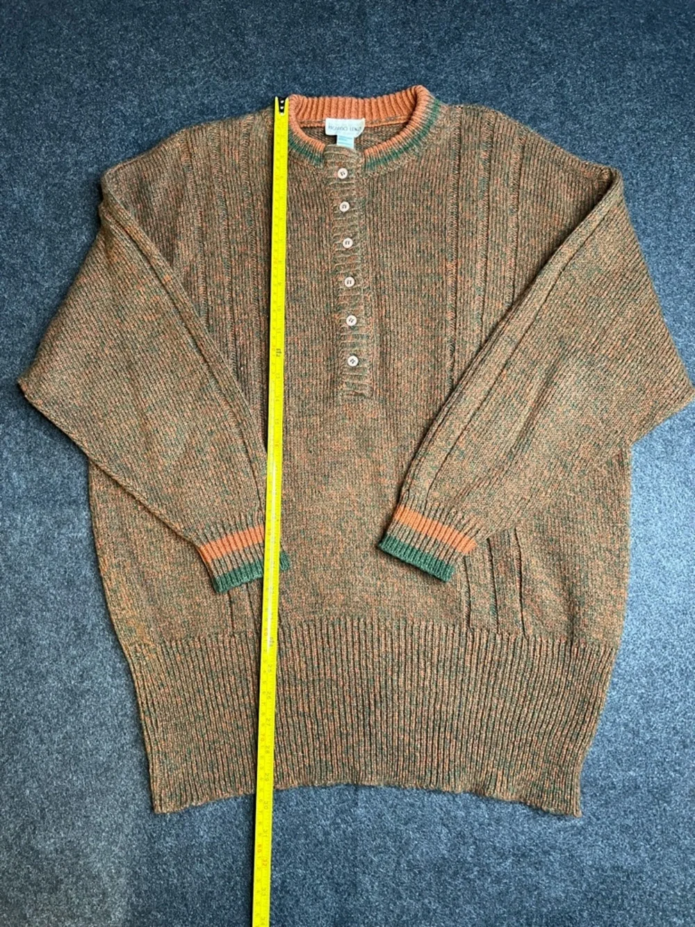 Ricardo Lenzi Men's Brown Green Orange Knit Henley Sweater w/ Button‎ Accent